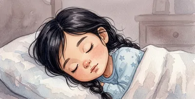 La niña duerme de perfil sobre la almohada, con los ojos cerrados y la manta hasta el hombro.