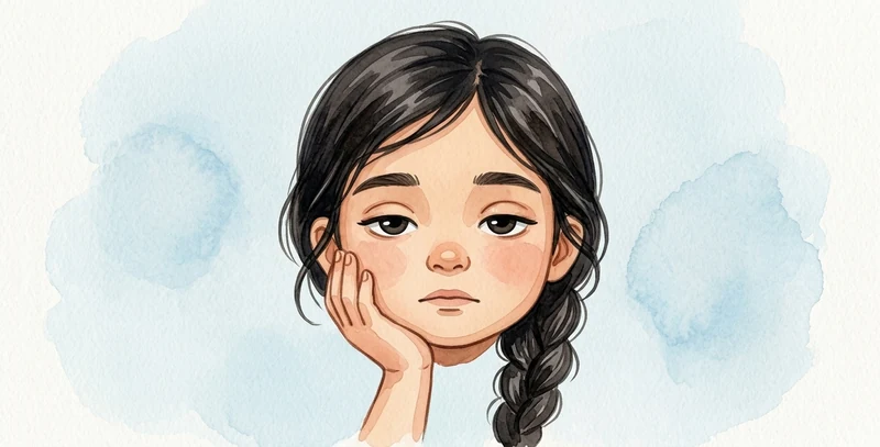 La cara de la niña con los párpados a media asta, la boca recta y la mejilla apoyada en la mano.