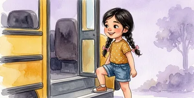 La niña sube a un autobús escolar amarillo, con un pie ya en el escalón.