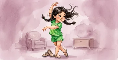 La niña baila en pleno movimiento, con las trenzas volando.