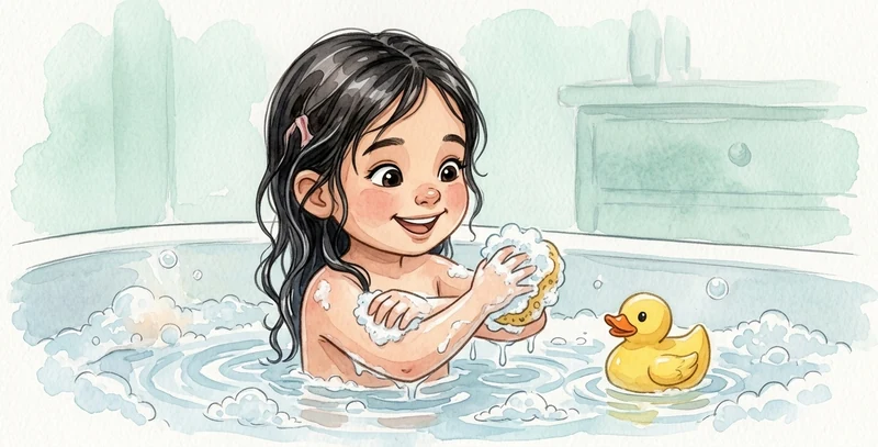La niña se baña en la bañera con una esponja, entre espuma y un patito de goma amarillo.