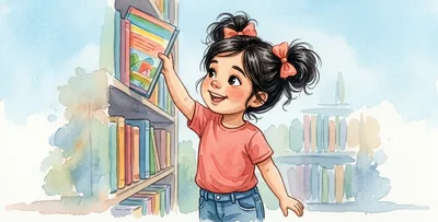 La niña, de pie ante una estantería alta de libros de colores, alcanza uno.