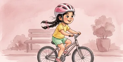 La niña monta en bicicleta, de perfil, con el casco puesto.