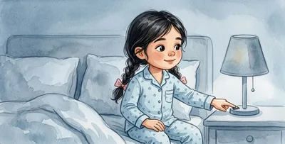 La niña, en la cama y en pijama azul claro, apaga ella misma la lámpara de la mesilla.
