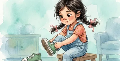 La niña, sentada, se pone los zapatos ella sola: uno ya puesto y el otro en las manos.