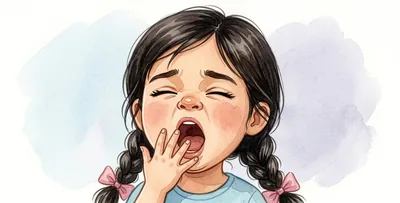 La cara de la niña con mucho sueño, bostezando.
