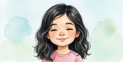 La cara de la niña con los ojos entrecerrados de gusto, sonrisa suave y la cabeza algo inclinada.