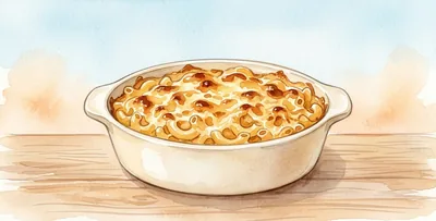 A plate of macaroni with grilled cheese on top, on a wooden table.