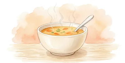 A steaming bowl of soup with a spoon in it, on a wooden table.