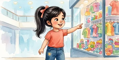 La niña, en un centro comercial, señala un escaparate grande lleno de cosas de colores.