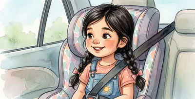 La niña va en coche sentada en su silla infantil, con el cinturón puesto.