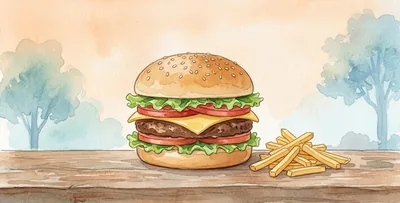 A burger with chips on the side, on a wooden table.