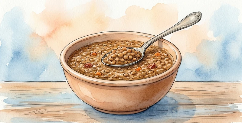 Un plato hondo de lentejas guisadas con una cuchara, sobre una mesa de madera.