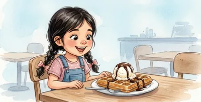 La niña, en la mesa de una cafetería, ante un gofre con una bola de helado y chocolate.