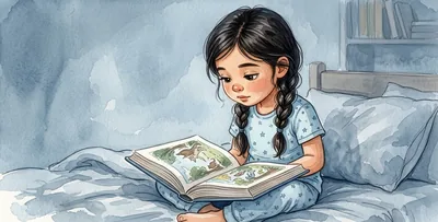 La niña mira un cuento abierto, sentada en la cama.