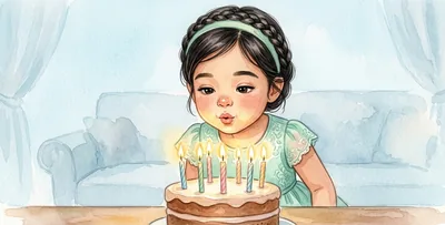 La niña sopla las velas de su tarta de cumpleaños.