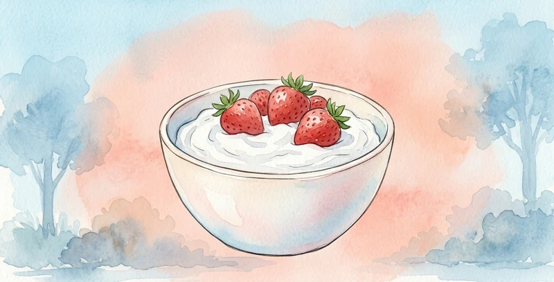 A bowl of creamy white yoghurt topped with whole strawberries.