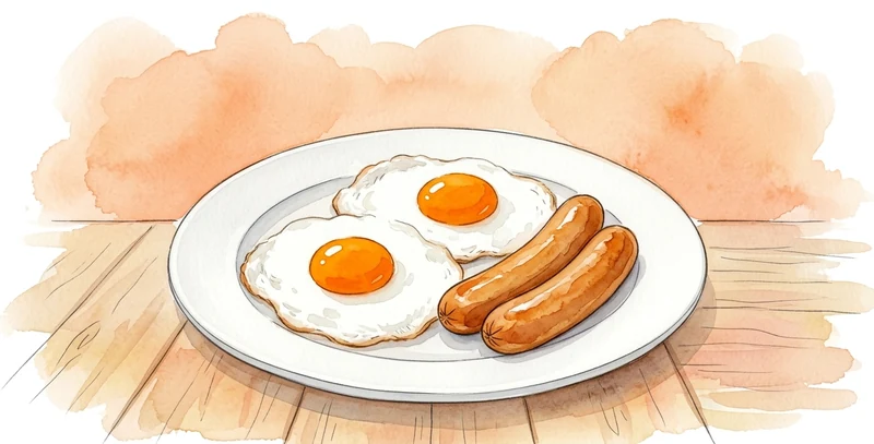 A plate with two fried eggs and two sausages, on a wooden table.