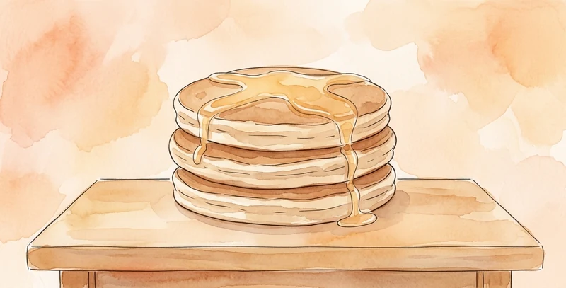 Tres tortitas apiladas con un hilo de miel, sobre una mesa de madera.