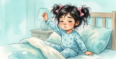 La niña acaba de despertarse y se despereza en la cama.