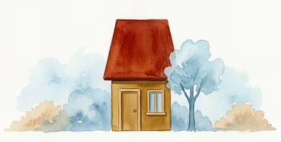 Una casa pequeña y estrecha con tejado a dos aguas, una puerta, una ventana y un arbolito al lado.