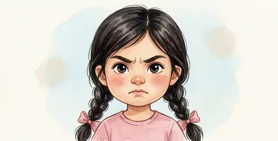 La cara de la niña enfadada, con las cejas en V y la boca apretada.