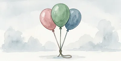 Tres globos de colores atados por sus cuerdas a un mismo nudo.