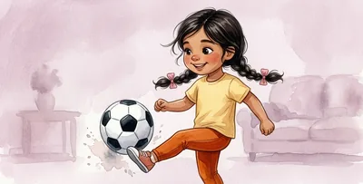La niña chuta un balón de fútbol blanco y negro.