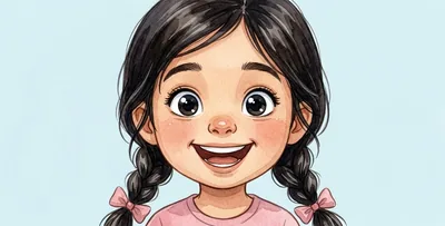 La cara de la niña con los ojos muy abiertos y brillantes, sonrisa ancha y las cejas altas.