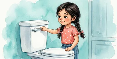 La niña, de pie y tranquila, tira ella misma de la cisterna.