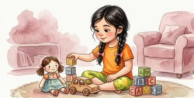 La niña juega sentada en el suelo con una muñeca, un coche y unos bloques.