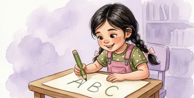 La niña escribe con un lápiz grueso; ya hay tres letras mayúsculas grandes en el papel.