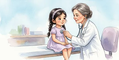 La niña, sentada y tranquila, mientras una doctora la ausculta con el fonendoscopio.