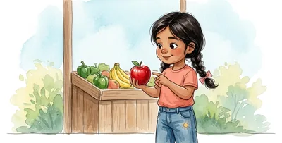 La niña, ante un puesto de fruta y verdura al aire libre, señala una pieza.