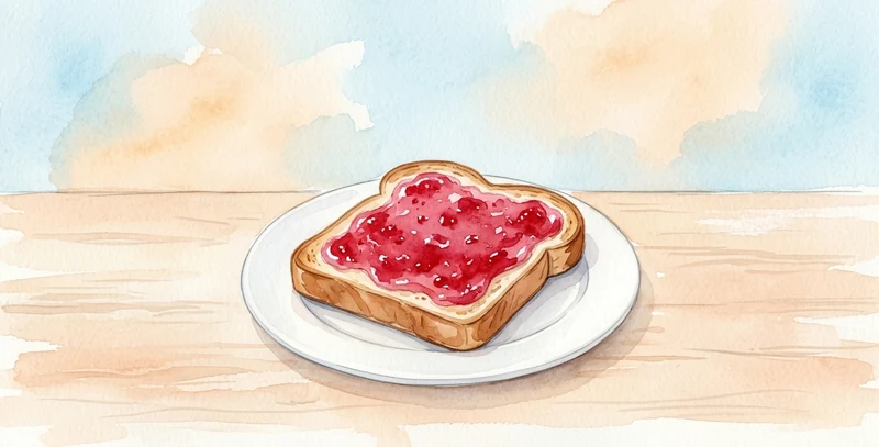 A slice of toast with red jam on a plate, on a wooden table.