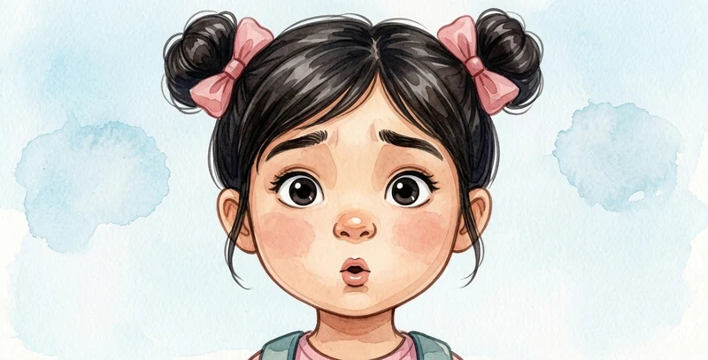 La cara de la niña con las cejas altas, los ojos muy abiertos y la boca pequeña: un susto contenido.