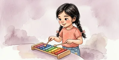 La niña toca un xilófono infantil de láminas de colores.