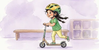 La niña va en patinete, de perfil y con casco, dando impulso con un pie.