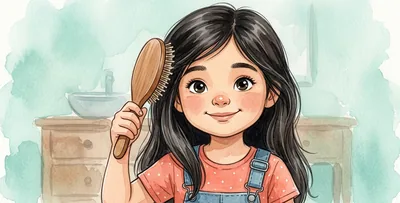 La niña se peina sola con un cepillo del pelo.