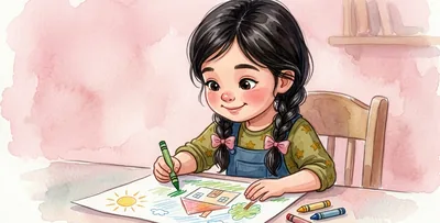 La niña pinta con ceras de colores sobre un dibujo ya empezado.