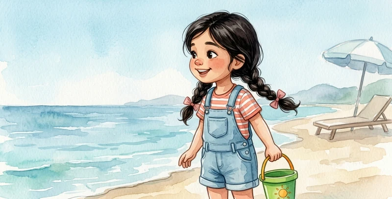 La niña, de pie en la orilla con un cubo en la mano y el mar detrás.