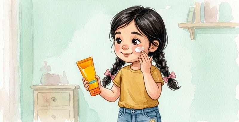 La niña se extiende ella sola crema solar por la mejilla, con el bote en la otra mano.