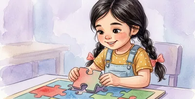 La niña encaja una pieza grande de puzle en su hueco.