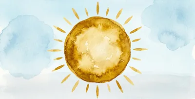 Un sol grande y redondo en acuarela, con rayos cortos, sobre un cielo azul claro.