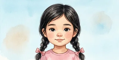La cara de la niña tranquila, con una sonrisa pequeña y las cejas rectas.