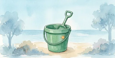 Un cubo de playa con una pala dentro, sobre la arena y con el mar al fondo.