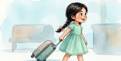 La niña tira de su maleta de ruedas, de perfil.